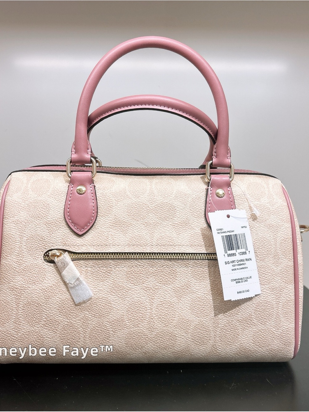 Coach Pink sand Signature Canvas Rowan Satchel Heart Charm regular size cdb21 - Picture 5 of 7